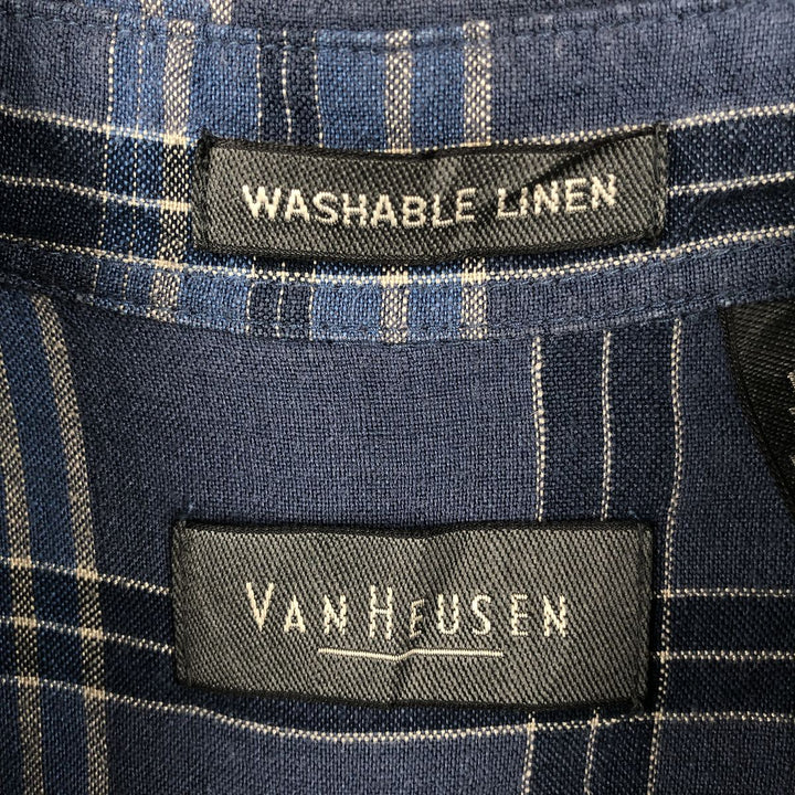 Van Heusen Check Pattern Short-Sleeve Linen Shirt, Boxy Shirt, Men's Size L (approx.) linen blue type Vintage Second Hand