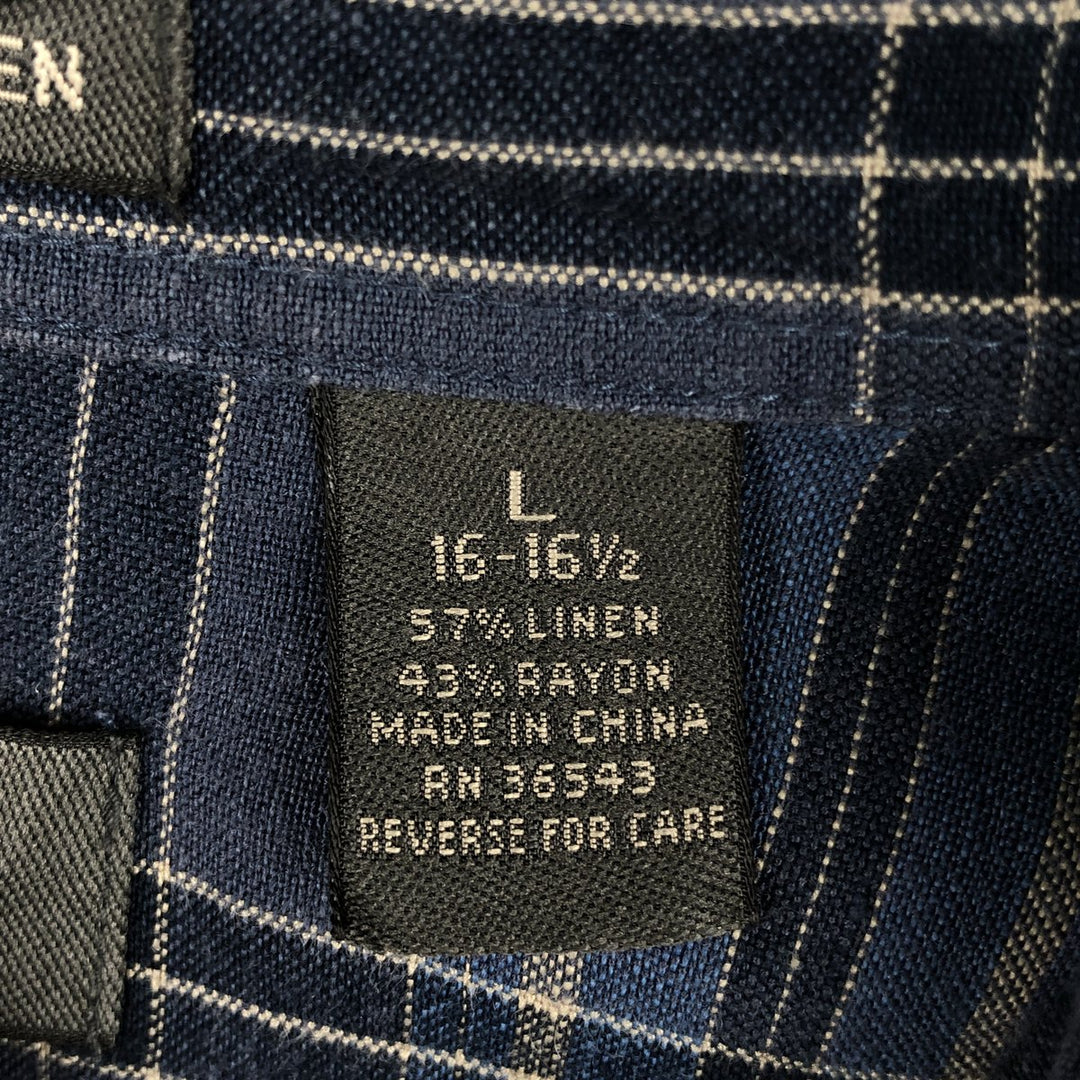 Van Heusen Check Pattern Short-Sleeve Linen Shirt, Boxy Shirt, Men's Size L (approx.) linen blue type Vintage Second Hand
