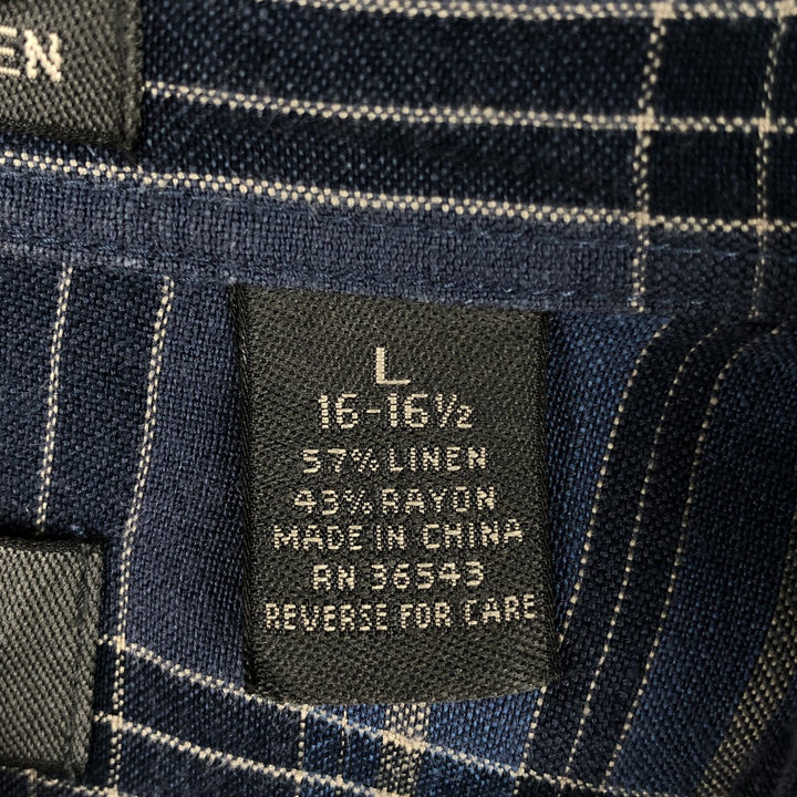Van Heusen Check Pattern Short-Sleeve Linen Shirt, Boxy Shirt, Men's Size L (approx.) linen blue type Vintage Second Hand