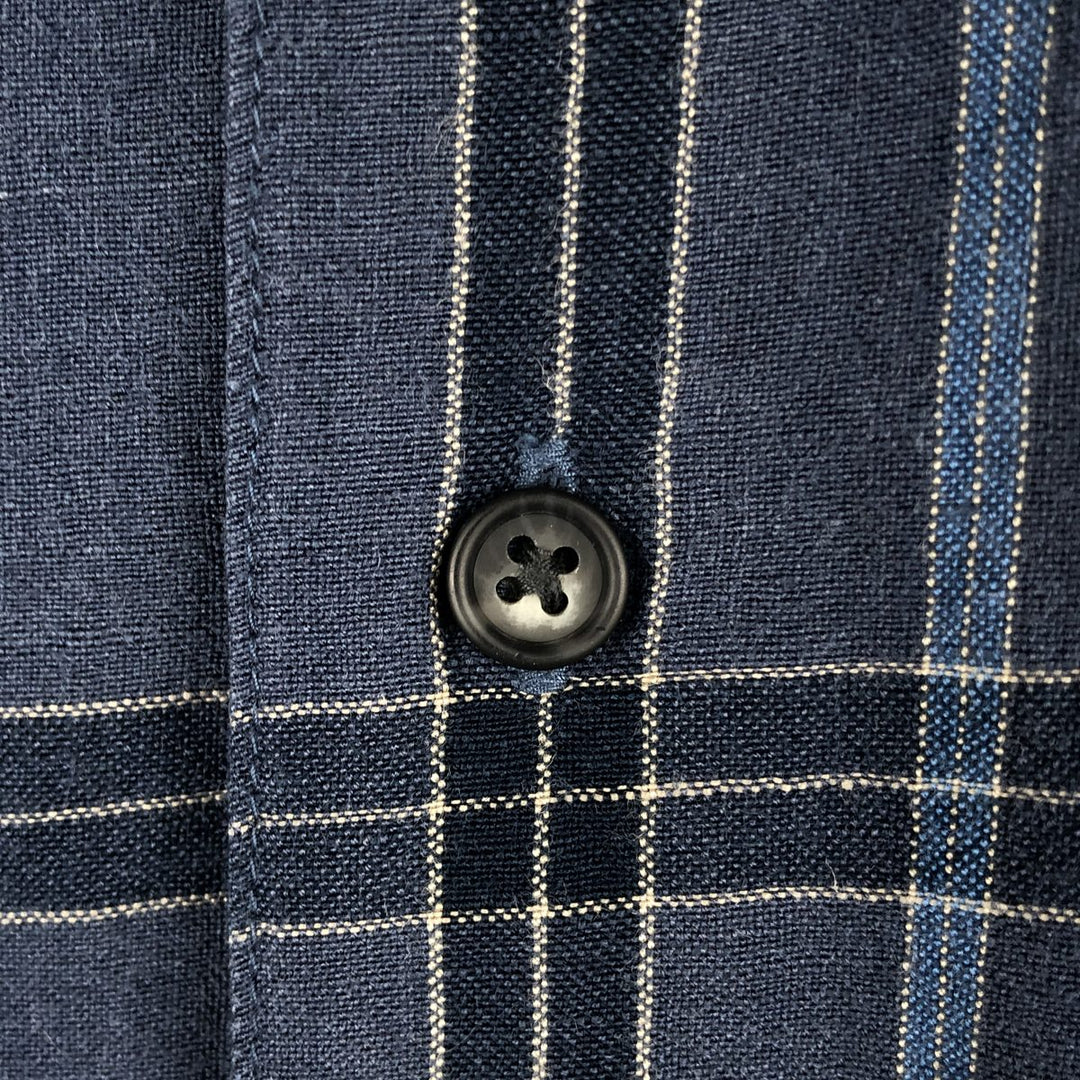 Van Heusen Check Pattern Short-Sleeve Linen Shirt, Boxy Shirt, Men's Size L (approx.) linen blue type Vintage Second Hand