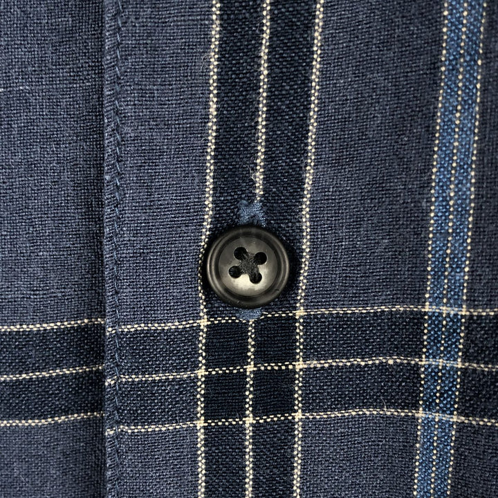Van Heusen Check Pattern Short-Sleeve Linen Shirt, Boxy Shirt, Men's Size L (approx.) linen blue type Vintage Second Hand