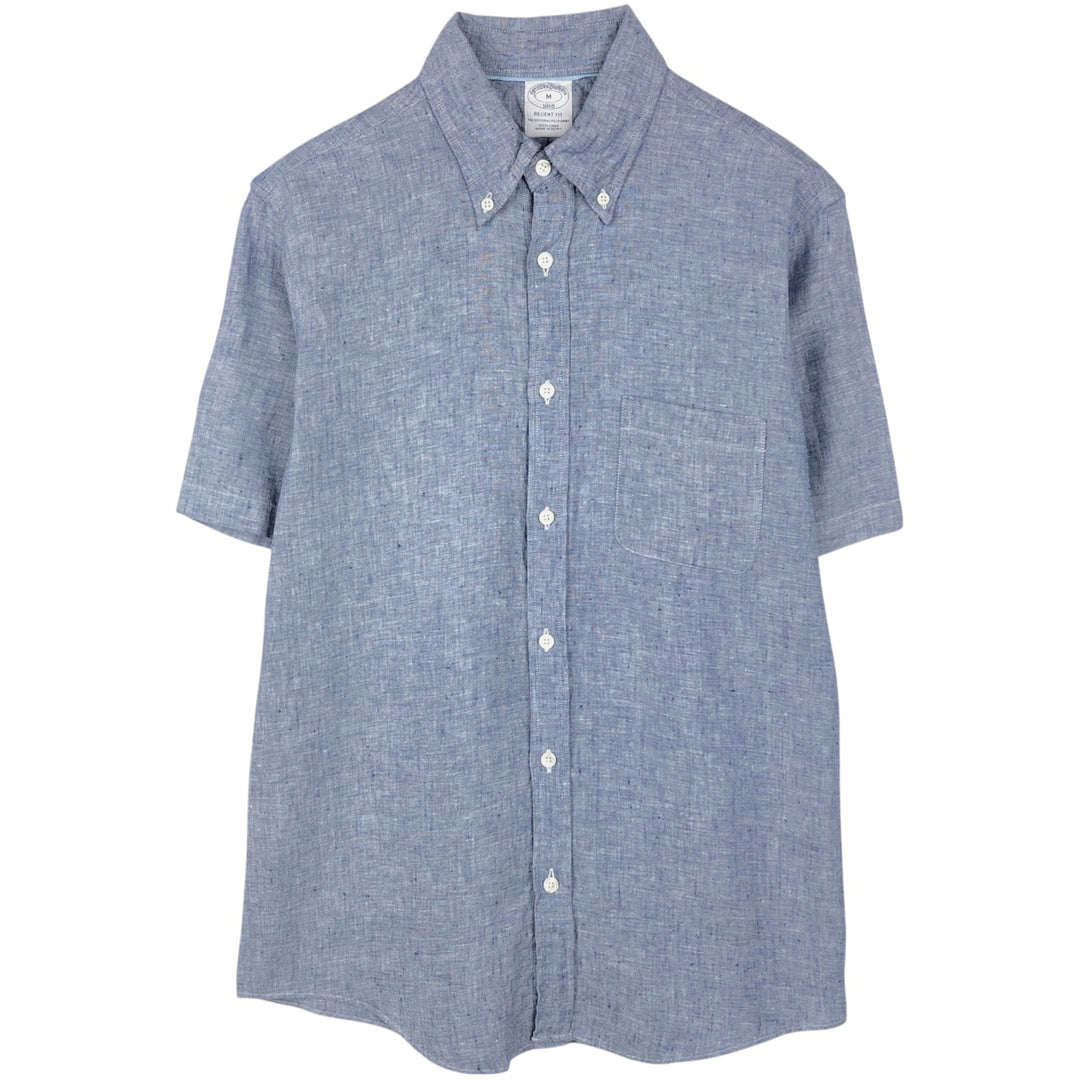 Brooks Brothers 1818 REGENT FIT Chambray Short-Sleeve Linen Button-Down Shirt, Men's Size M (approx.) linen blue type Vintage Second Hand