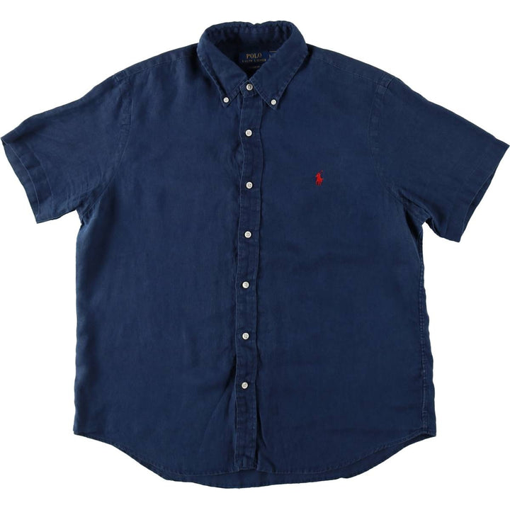 Ralph Lauren Classic Fit Short Sleeve Linen Button Down Shirt Men's Size L unclear navy blue type Vintage Second Hand