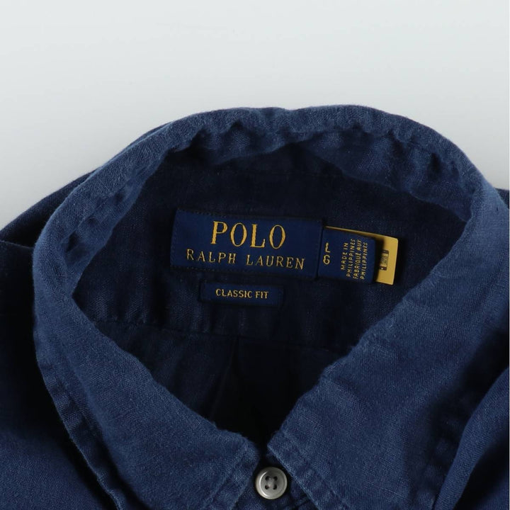 Ralph Lauren Classic Fit Short Sleeve Linen Button Down Shirt Men's Size L unclear navy blue type Vintage Second Hand