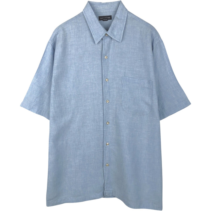 Lands' End Short-Sleeve Linen Box Shirt (Men's Size L) linen Blue type light blue Vintage Second Hand