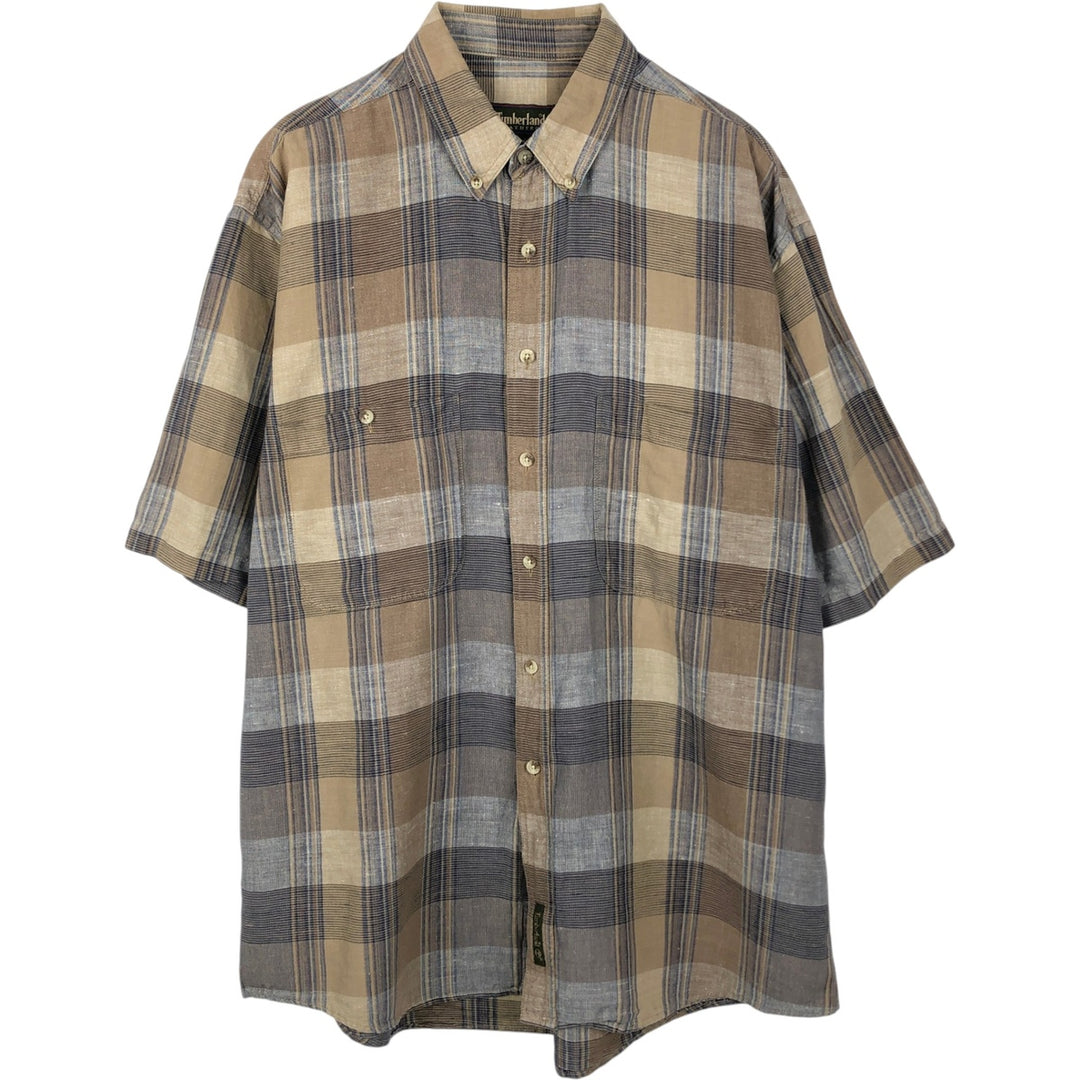 90'S Timberland Short Sleeve Check Pattern Cotton x Linen Button-Down Shirt, Men's Size L (Equivalent), Vintage linen brown type Vintage Second Hand