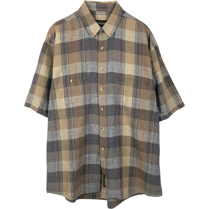 90'S Timberland Short Sleeve Check Pattern Cotton x Linen Button-Down Shirt, Men's Size L (Equivalent), Vintage linen brown type Vintage Second Hand