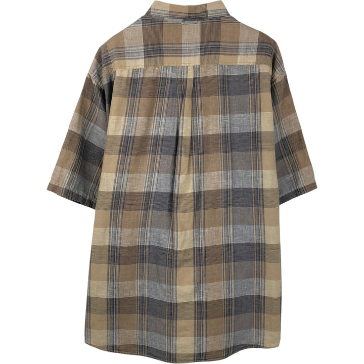 90'S Timberland Short Sleeve Check Pattern Cotton x Linen Button-Down Shirt, Men's Size L (Equivalent), Vintage linen brown type Vintage Second Hand