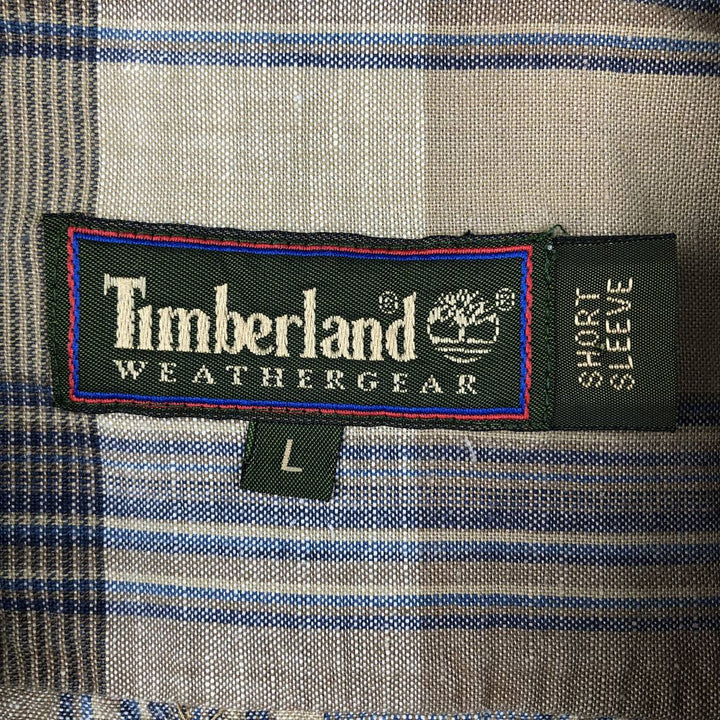 90'S Timberland Short Sleeve Check Pattern Cotton x Linen Button-Down Shirt, Men's Size L (Equivalent), Vintage linen brown type Vintage Second Hand