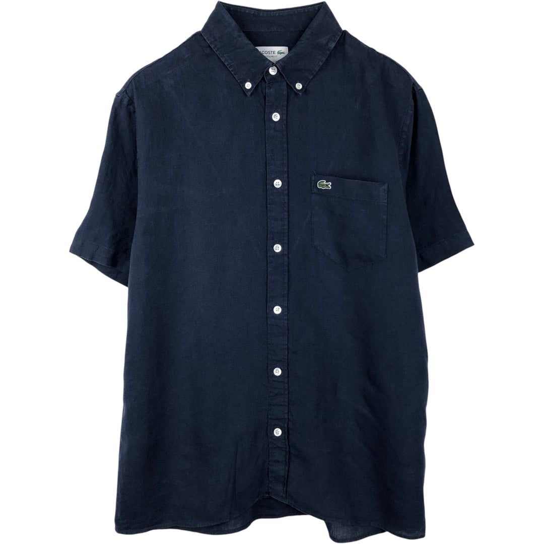 Lacoste Regular Fit Short-Sleeve Linen Button-Down Shirt, Boxy Shirt, Men's Size M (approx.) linen navy blue type Vintage Second Hand