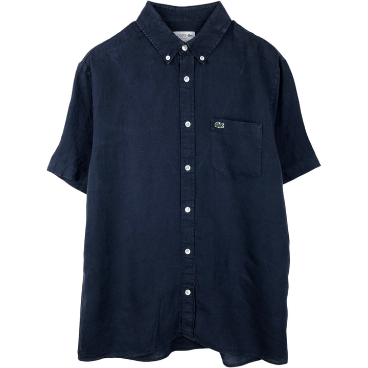 Lacoste Regular Fit Short-Sleeve Linen Button-Down Shirt, Boxy Shirt, Men's Size M (approx.) linen navy blue type Vintage Second Hand