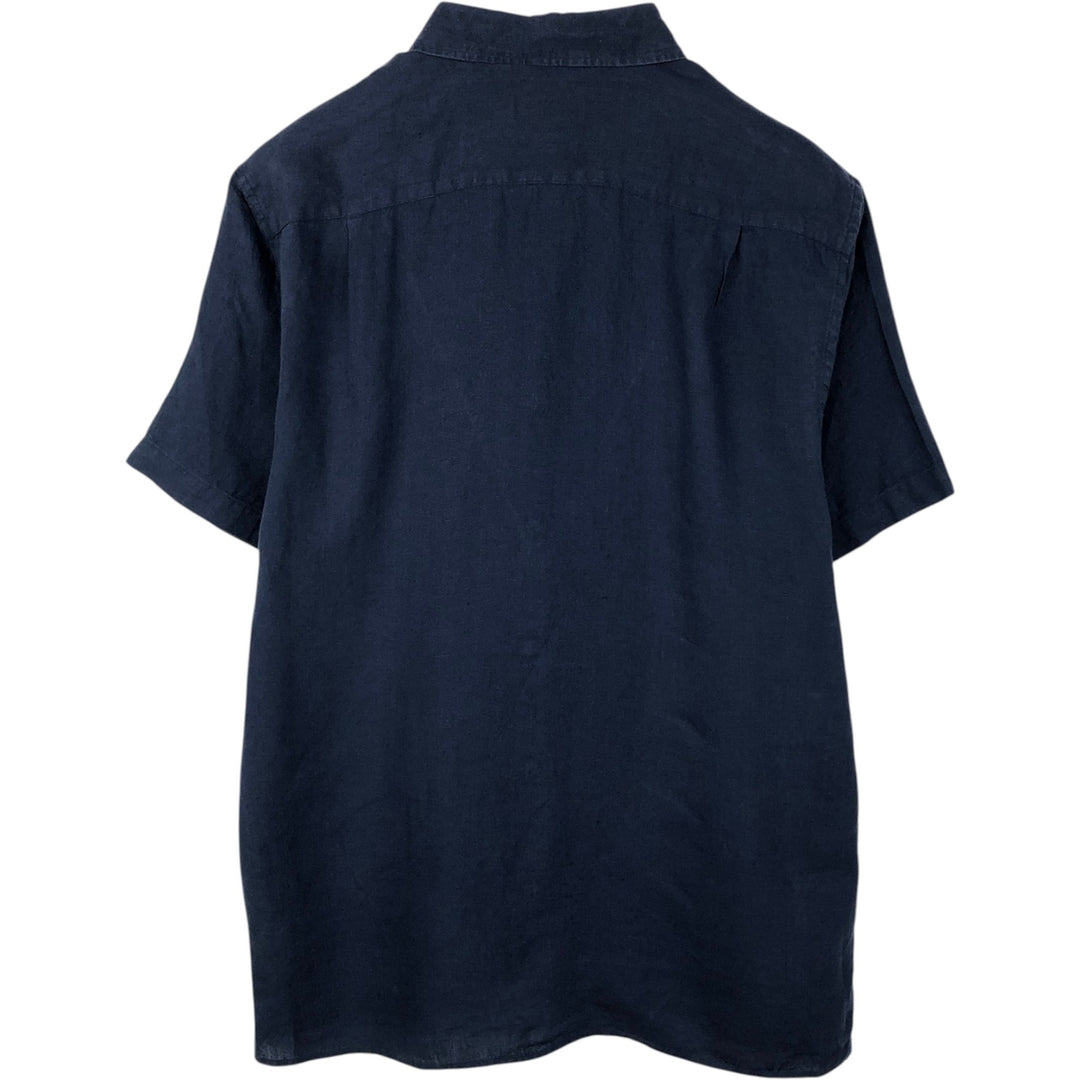 Lacoste Regular Fit Short-Sleeve Linen Button-Down Shirt, Boxy Shirt, Men's Size M (approx.) linen navy blue type Vintage Second Hand
