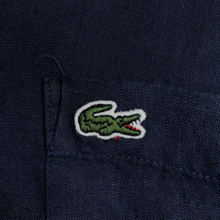 Lacoste Regular Fit Short-Sleeve Linen Button-Down Shirt, Boxy Shirt, Men's Size M (approx.) linen navy blue type Vintage Second Hand