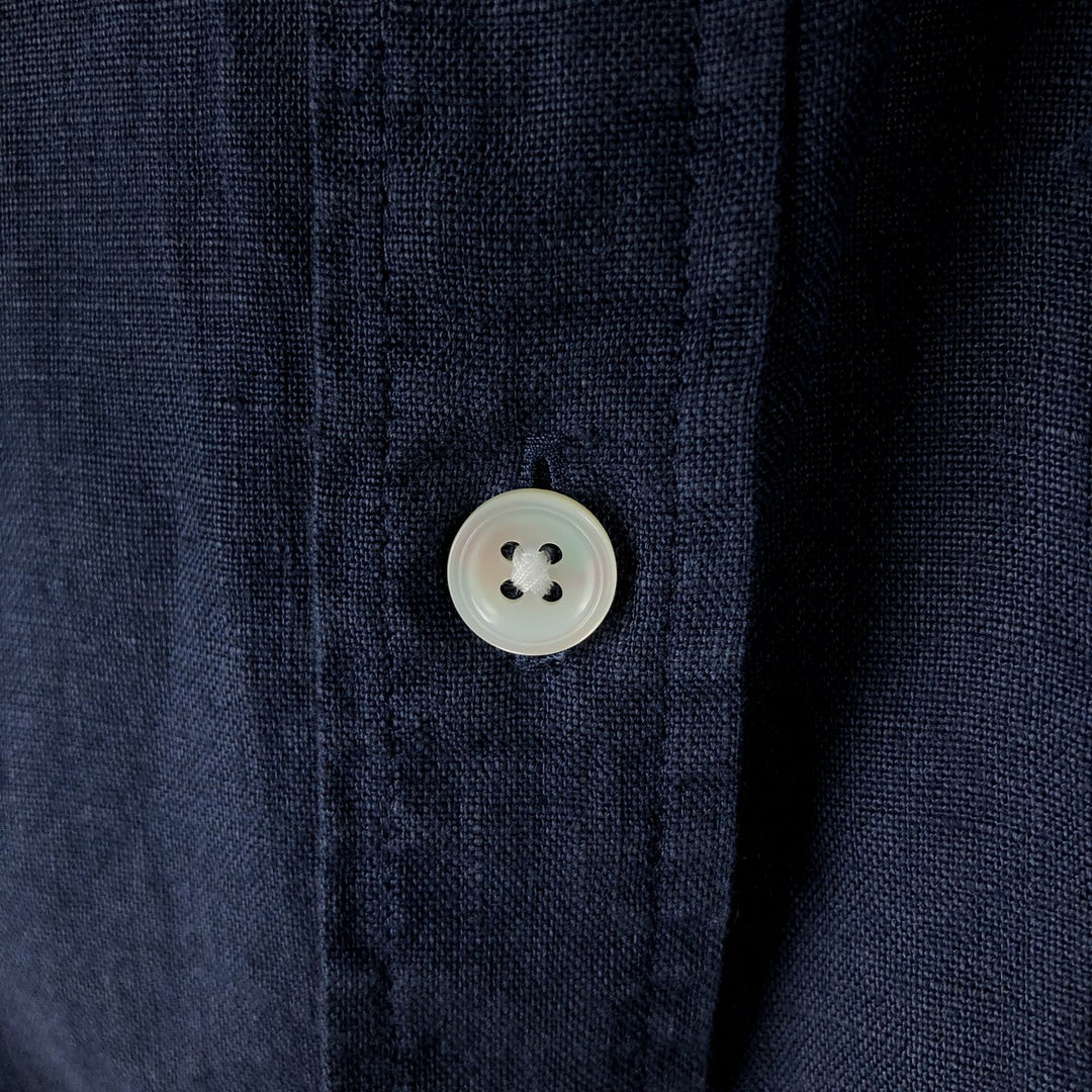 Lacoste Regular Fit Short-Sleeve Linen Button-Down Shirt, Boxy Shirt, Men's Size M (approx.) linen navy blue type Vintage Second Hand