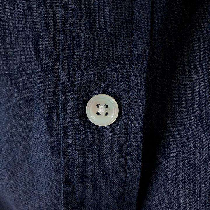 Lacoste Regular Fit Short-Sleeve Linen Button-Down Shirt, Boxy Shirt, Men's Size M (approx.) linen navy blue type Vintage Second Hand