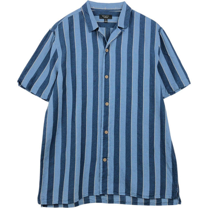 Banana Republic Stripe Pattern Short-Sleeve Open Collar Cotton x Linen Shirt, Boxy Shirt, Men's Size L (approx.) linen navy blue type Vintage Second Hand