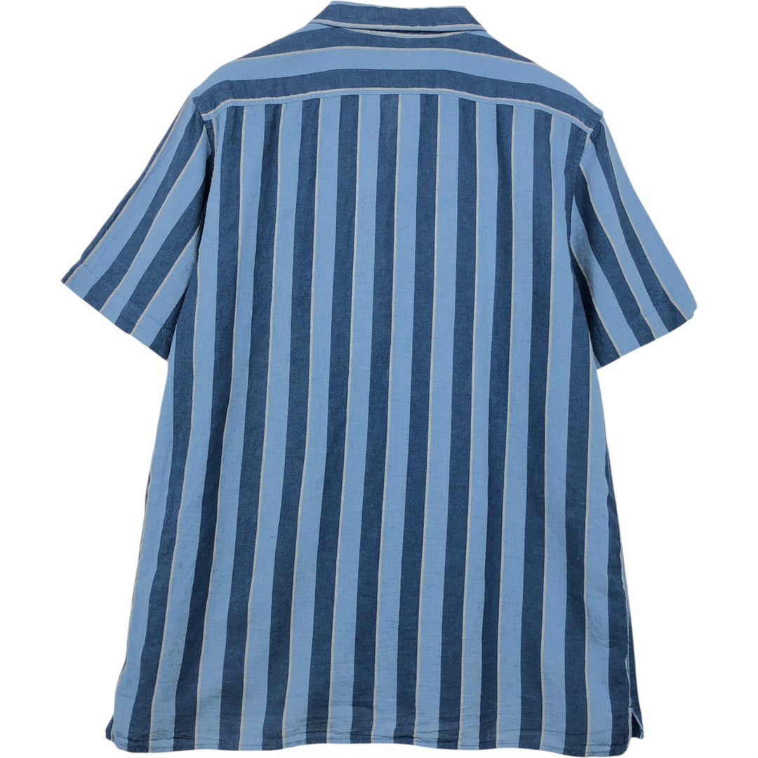 Banana Republic Stripe Pattern Short-Sleeve Open Collar Cotton x Linen Shirt, Boxy Shirt, Men's Size L (approx.) linen navy blue type Vintage Second Hand