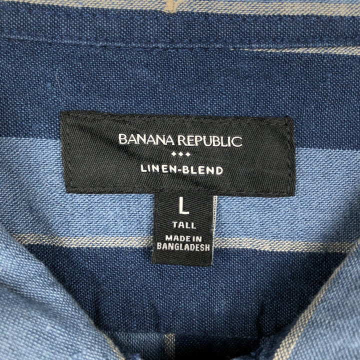 Banana Republic Stripe Pattern Short-Sleeve Open Collar Cotton x Linen Shirt, Boxy Shirt, Men's Size L (approx.) linen navy blue type Vintage Second Hand