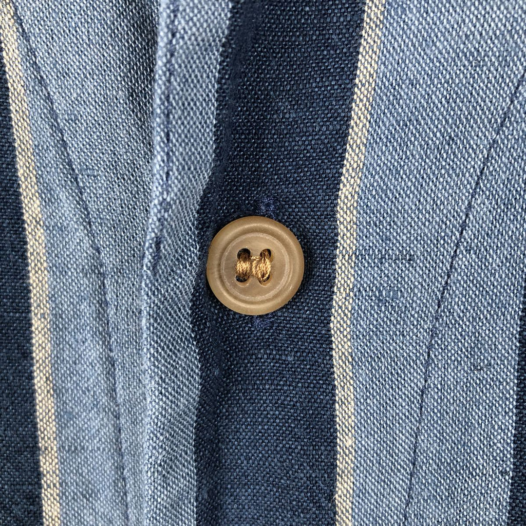 Banana Republic Stripe Pattern Short-Sleeve Open Collar Cotton x Linen Shirt, Boxy Shirt, Men's Size L (approx.) linen navy blue type Vintage Second Hand