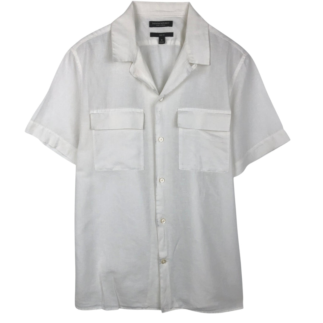 Banana Republic Slim Fit Short-Sleeve Open-Collar Linen Shirt (Men's Size M equivalent) - Boxy Shirt linen white type Vintage Second Hand