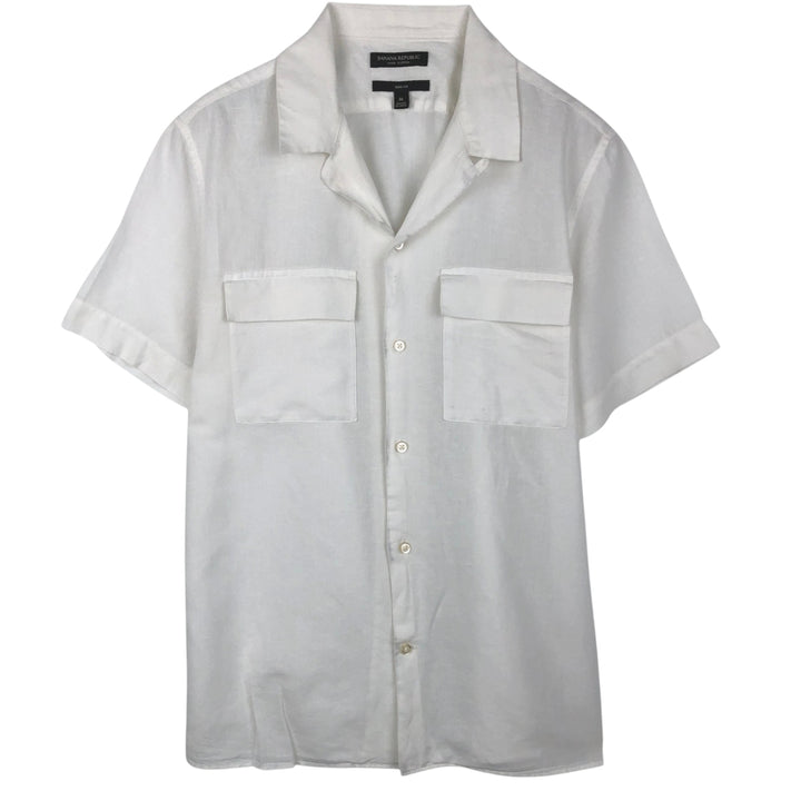 Banana Republic Slim Fit Short-Sleeve Open-Collar Linen Shirt (Men's Size M equivalent) - Boxy Shirt linen white type Vintage Second Hand