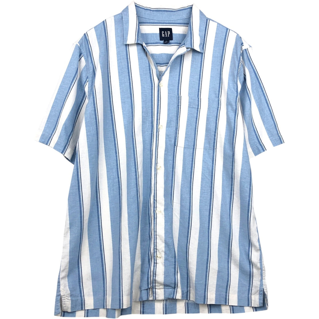 2000'S GAP Stripe Pattern Multi-Stripe Short-Sleeve Open Collar Linen Shirt, Boxy Shirt, Men's Size L linen blue type Vintage Second Hand