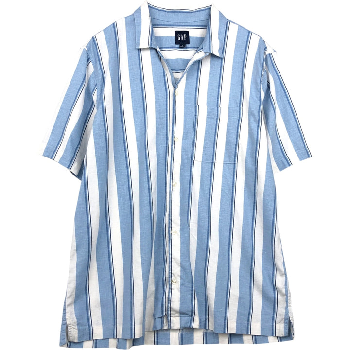 2000'S GAP Stripe Pattern Multi-Stripe Short-Sleeve Open Collar Linen Shirt, Boxy Shirt, Men's Size L linen blue type Vintage Second Hand