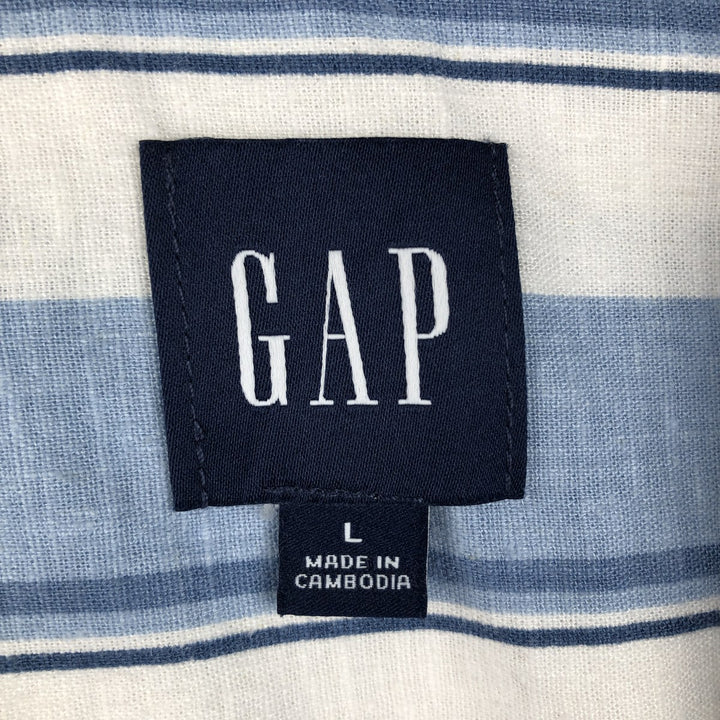 2000'S GAP Stripe Pattern Multi-Stripe Short-Sleeve Open Collar Linen Shirt, Boxy Shirt, Men's Size L linen blue type Vintage Second Hand