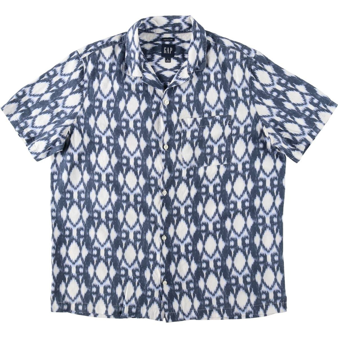 GAP all-over print short-sleeved open-collar linen shirt, made in Sri Lanka, size L (equivalent to men's L), open collar, short-sleeved, boxy shirt. linen navy blue type Vintage Second Hand