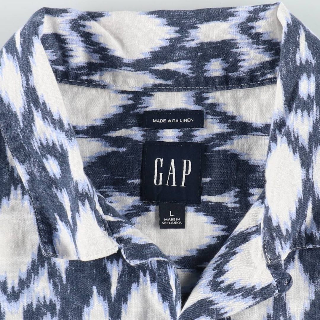 GAP all-over print short-sleeved open-collar linen shirt, made in Sri Lanka, size L (equivalent to men's L), open collar, short-sleeved, boxy shirt. linen navy blue type Vintage Second Hand