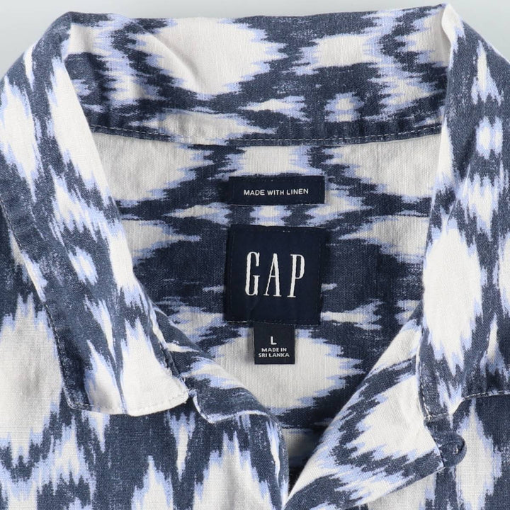 GAP all-over print short-sleeved open-collar linen shirt, made in Sri Lanka, size L (equivalent to men's L), open collar, short-sleeved, boxy shirt. linen navy blue type Vintage Second Hand
