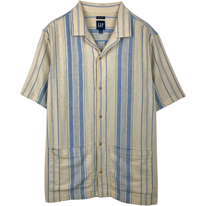 2000'S Gap Made with Linen Stripe Pattern Short-Sleeve Open Collar Cotton Shirt, Boxy Fit, Men's Size M (approx.) cotton Beige type Vintage Second Hand