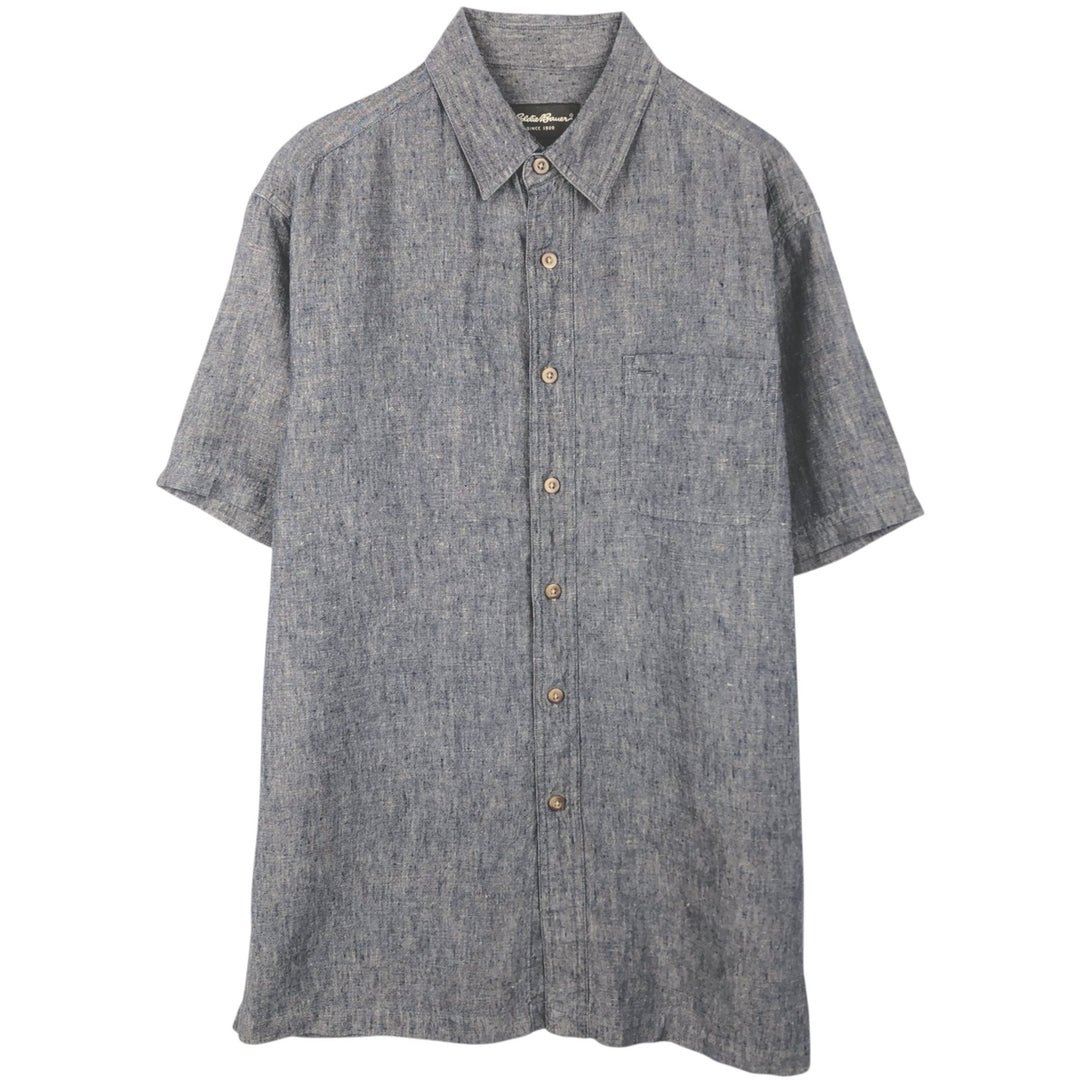 Eddie Bauer Chambray Short-Sleeve Linen Box Shirt (Men's Size M) linen navy blue type Vintage Second Hand