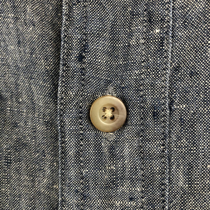 Eddie Bauer Chambray Short-Sleeve Linen Box Shirt (Men's Size M) linen navy blue type Vintage Second Hand