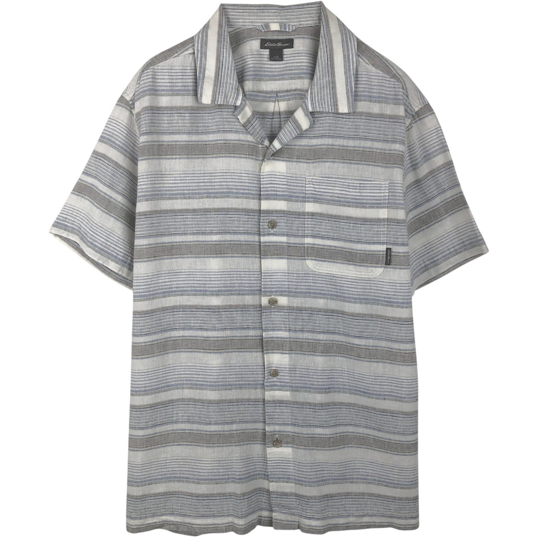 Eddie Bauer Border Pattern Multi-stripe Short-Sleeve Open Collar Cotton x Linen Shirt, Boxy Shirt, Men's Size L (approx.) linen gray type Vintage Second Hand