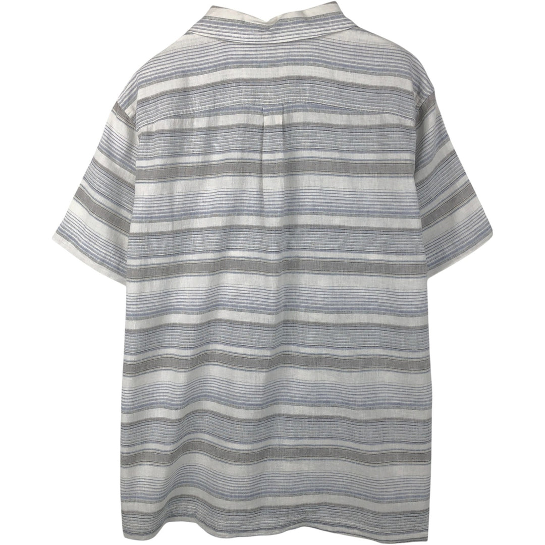 Eddie Bauer Border Pattern Multi-stripe Short-Sleeve Open Collar Cotton x Linen Shirt, Boxy Shirt, Men's Size L (approx.) linen gray type Vintage Second Hand