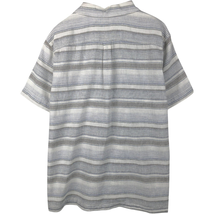 Eddie Bauer Border Pattern Multi-stripe Short-Sleeve Open Collar Cotton x Linen Shirt, Boxy Shirt, Men's Size L (approx.) linen gray type Vintage Second Hand