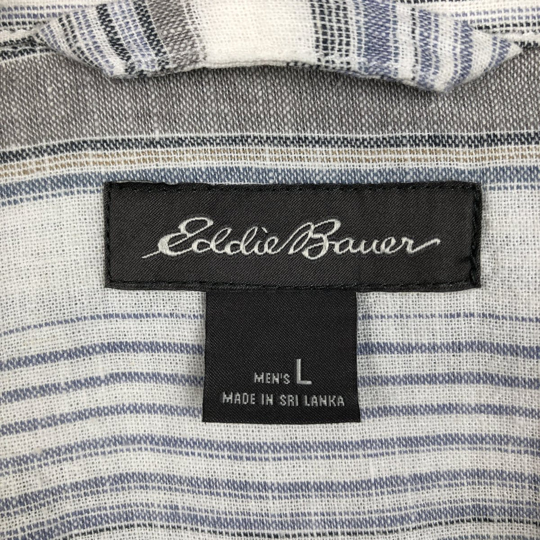 Eddie Bauer Border Pattern Multi-stripe Short-Sleeve Open Collar Cotton x Linen Shirt, Boxy Shirt, Men's Size L (approx.) linen gray type Vintage Second Hand