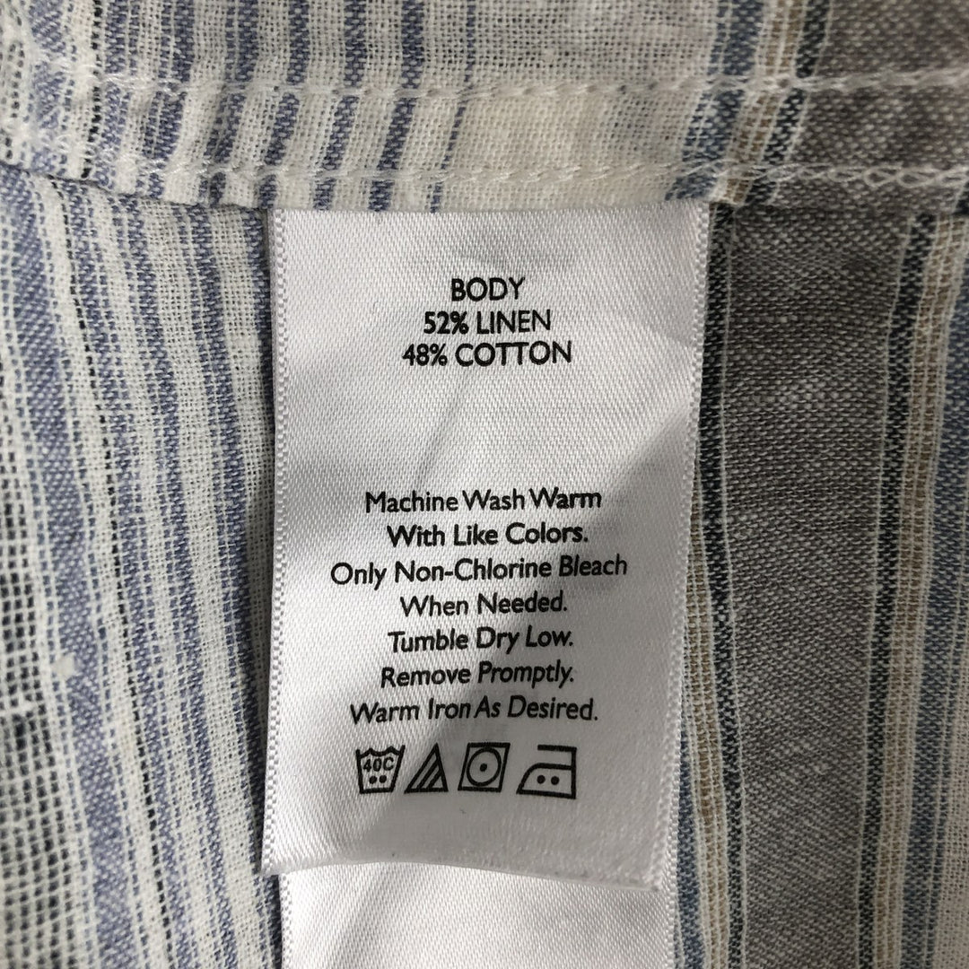 Eddie Bauer Border Pattern Multi-stripe Short-Sleeve Open Collar Cotton x Linen Shirt, Boxy Shirt, Men's Size L (approx.) linen gray type Vintage Second Hand