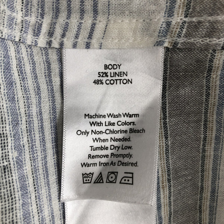 Eddie Bauer Border Pattern Multi-stripe Short-Sleeve Open Collar Cotton x Linen Shirt, Boxy Shirt, Men's Size L (approx.) linen gray type Vintage Second Hand