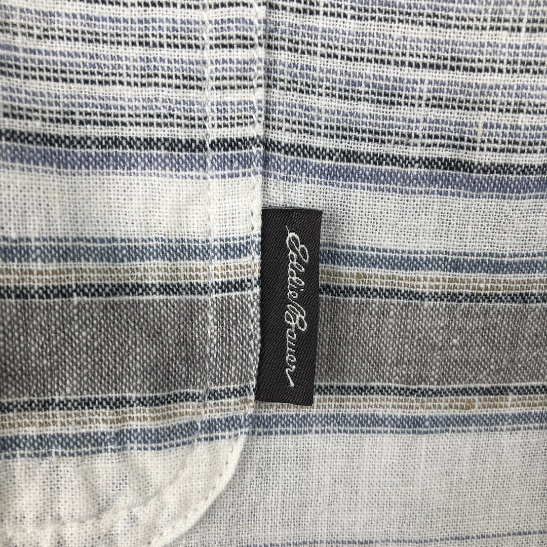 Eddie Bauer Border Pattern Multi-stripe Short-Sleeve Open Collar Cotton x Linen Shirt, Boxy Shirt, Men's Size L (approx.) linen gray type Vintage Second Hand