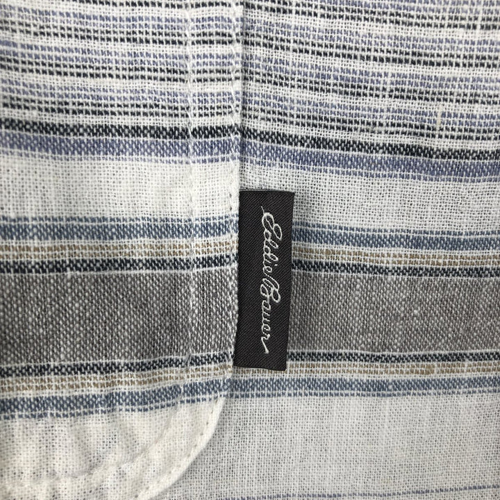 Eddie Bauer Border Pattern Multi-stripe Short-Sleeve Open Collar Cotton x Linen Shirt, Boxy Shirt, Men's Size L (approx.) linen gray type Vintage Second Hand