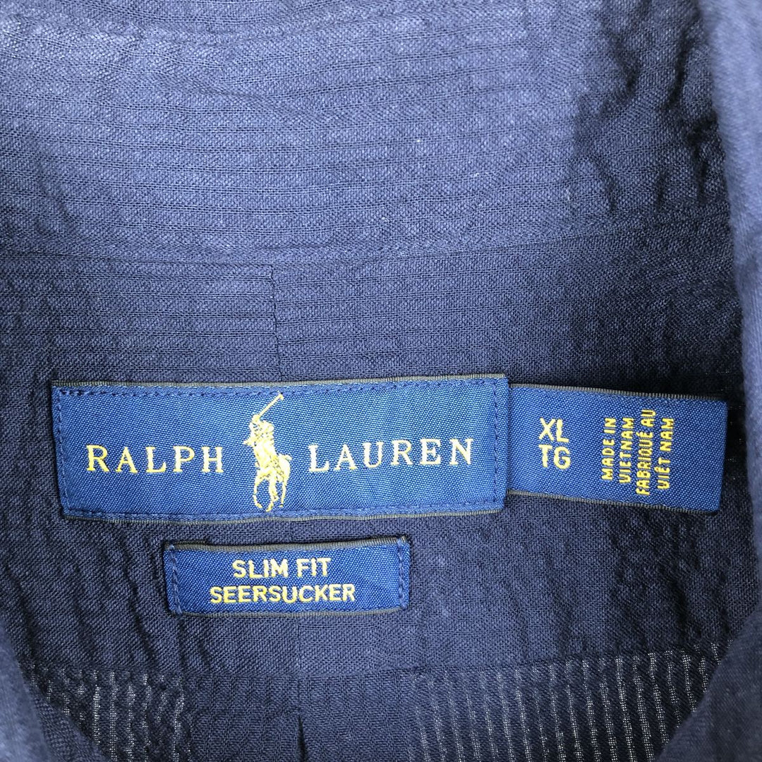 Ralph Lauren POLO RALPH LAUREN Slim Fit Short-Sleeve Button-Down Shirt, Men's Size XL (Equivalent), Seersucker cotton navy blue type Vintage Second Hand