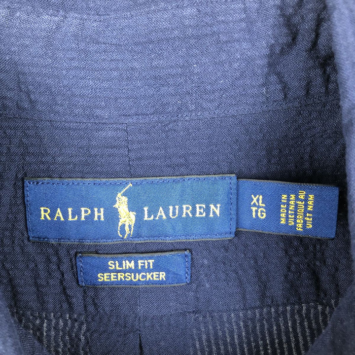 Ralph Lauren POLO RALPH LAUREN Slim Fit Short-Sleeve Button-Down Shirt, Men's Size XL (Equivalent), Seersucker cotton navy blue type Vintage Second Hand