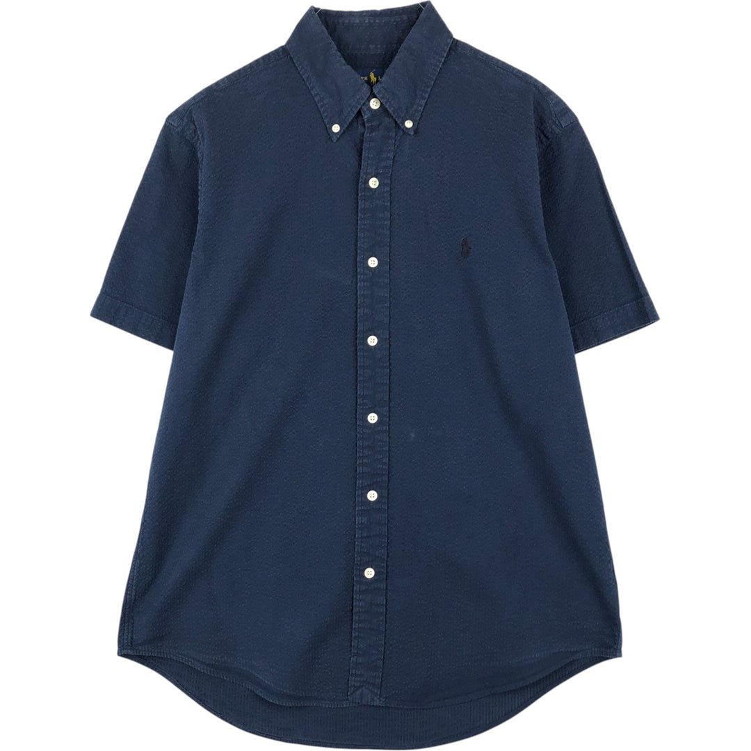Ralph Lauren seersucker short-sleeved button-down shirt, men's size M (approx.) cotton navy blue type Vintage Second Hand