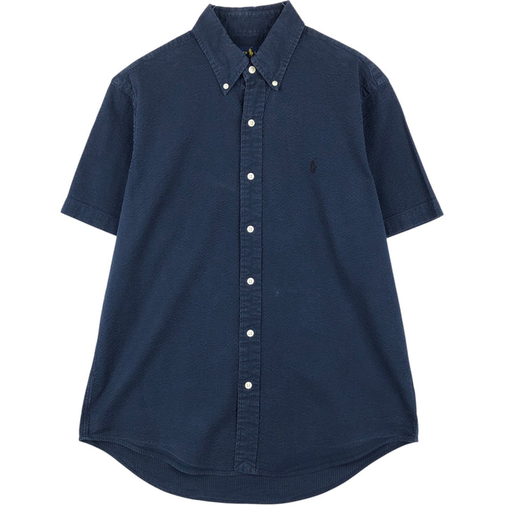 Ralph Lauren seersucker short-sleeved button-down shirt, men's size M (approx.) cotton navy blue type Vintage Second Hand