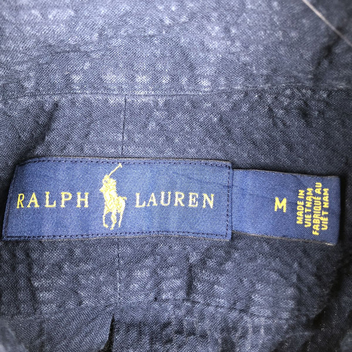 Ralph Lauren seersucker short-sleeved button-down shirt, men's size M (approx.) cotton navy blue type Vintage Second Hand