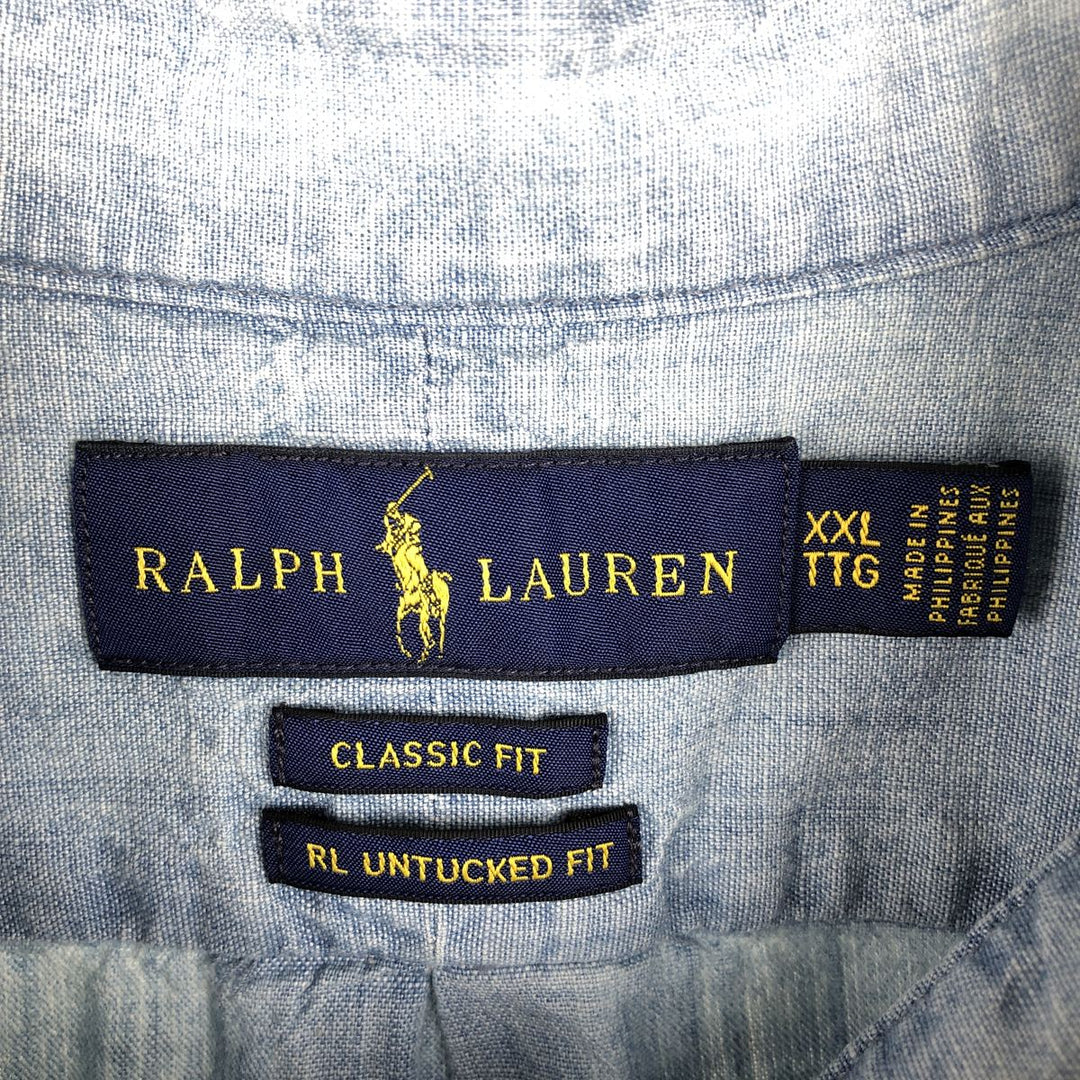 Ralph Lauren Classic Fit RL Untucked Fit Button-Down Short-Sleeve Chambray Shirt, Men's Size XXL (approx.) cotton blue type Vintage Second Hand