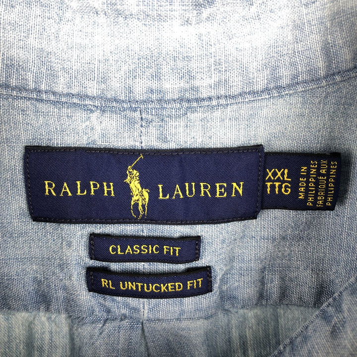 Ralph Lauren Classic Fit RL Untucked Fit Button-Down Short-Sleeve Chambray Shirt, Men's Size XXL (approx.) cotton blue type Vintage Second Hand