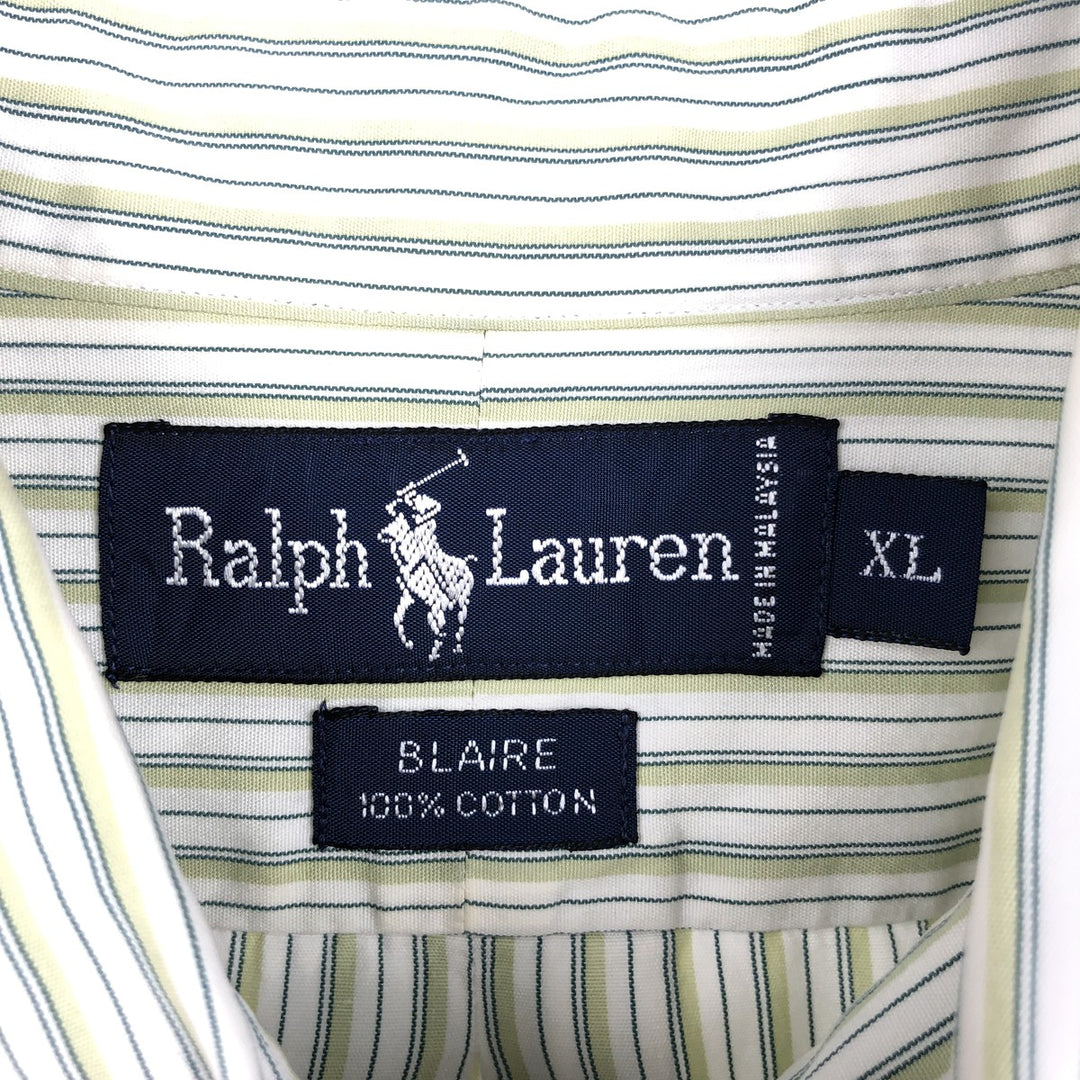 Ralph Lauren BLAIRE Multi-stripe Short-Sleeve Button-Down Striped Shirt, Men's Size XL (approx.) cotton green type yellow green Vintage Second Hand